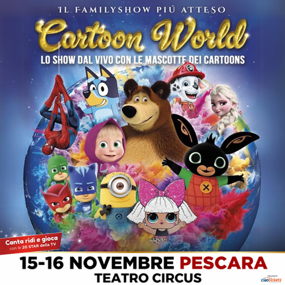 Cartoon World presso il Teatro Circus a Pescara sabato 15 e domenica 16 novembre 2025. foto