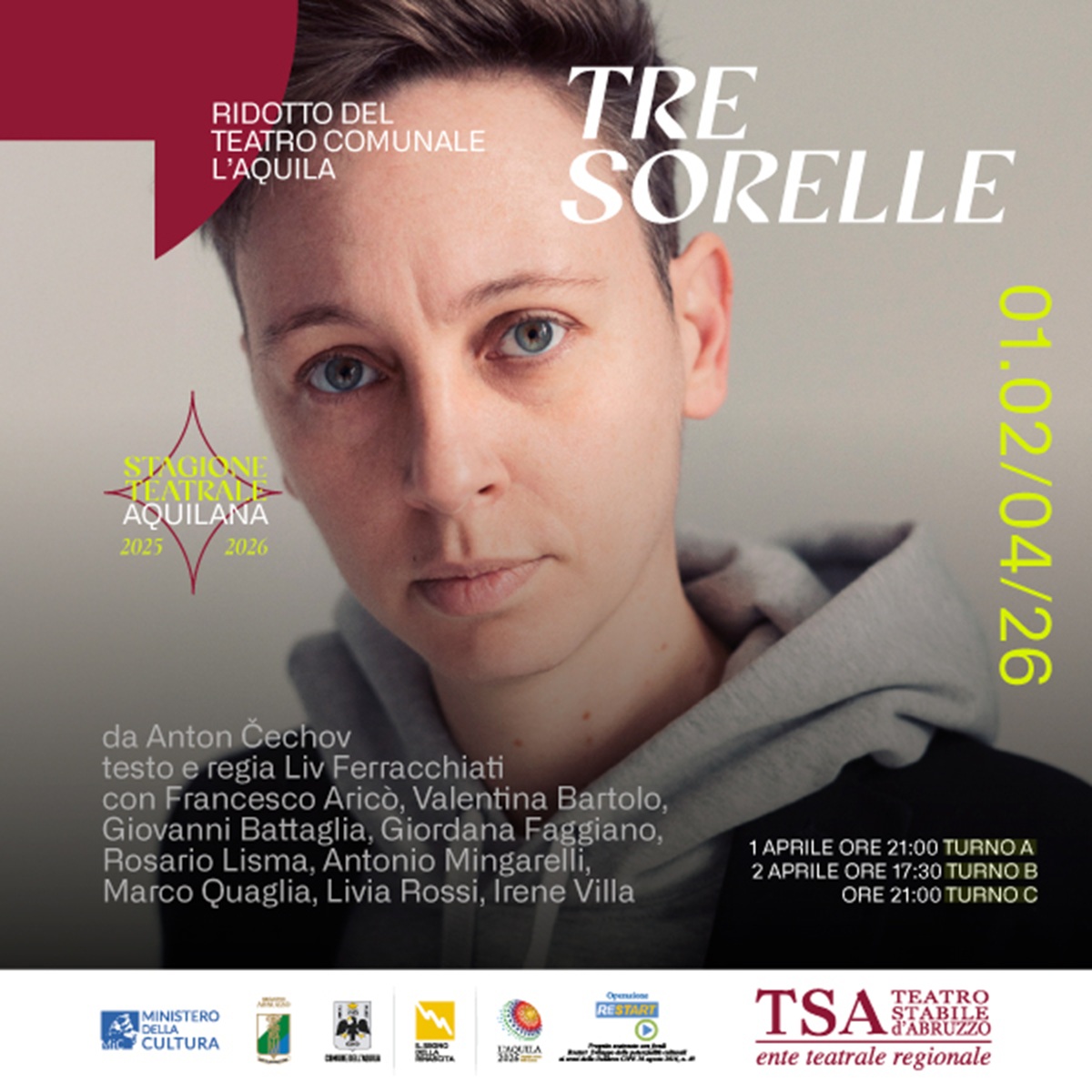 Tre sorelle presso il Ridotto del Teatro comunale a L’Aquila 1 e 2 aprile 2026 foto